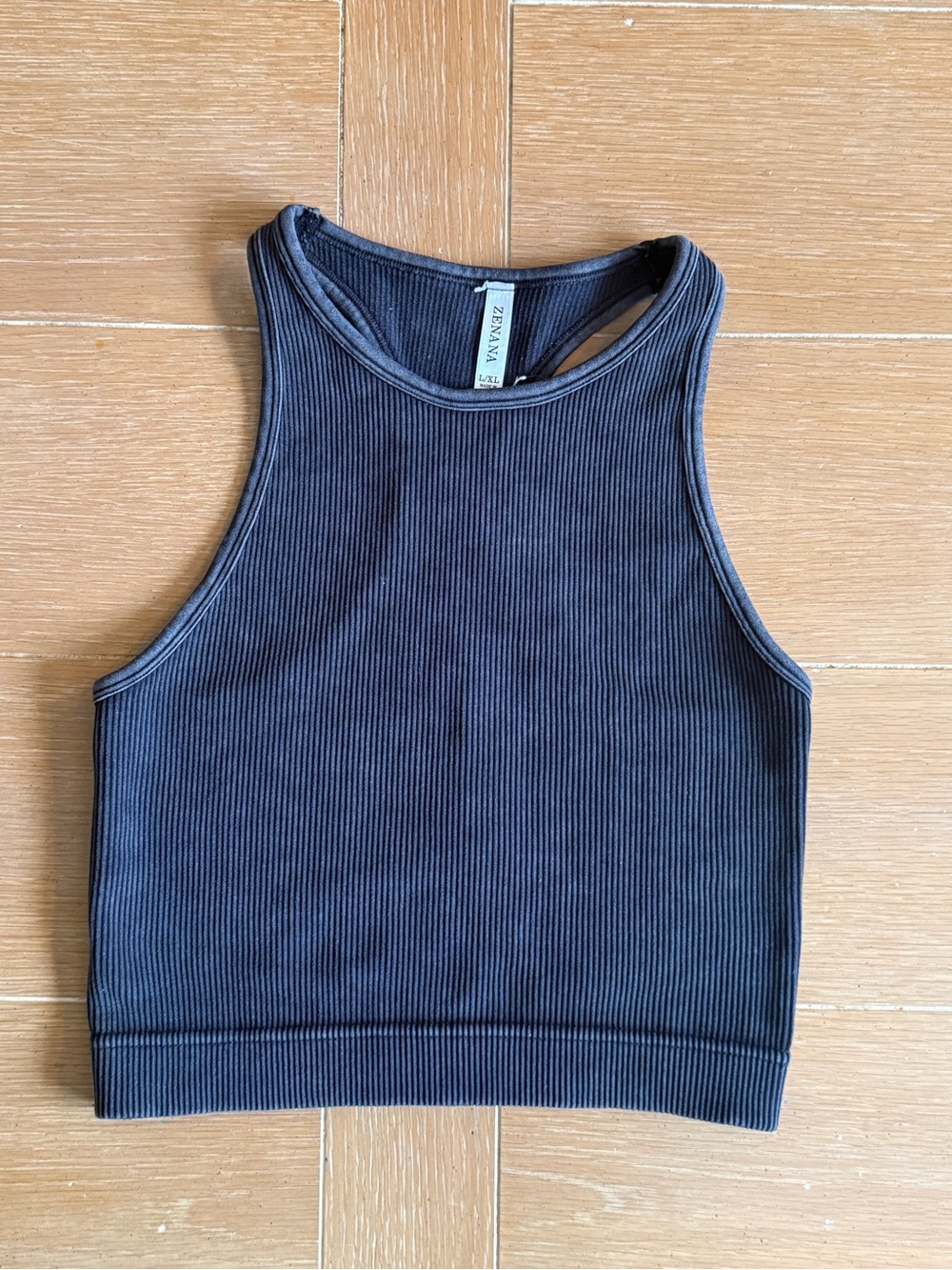 Ribbed High Neck Work Out Crop Tank - Charcoal